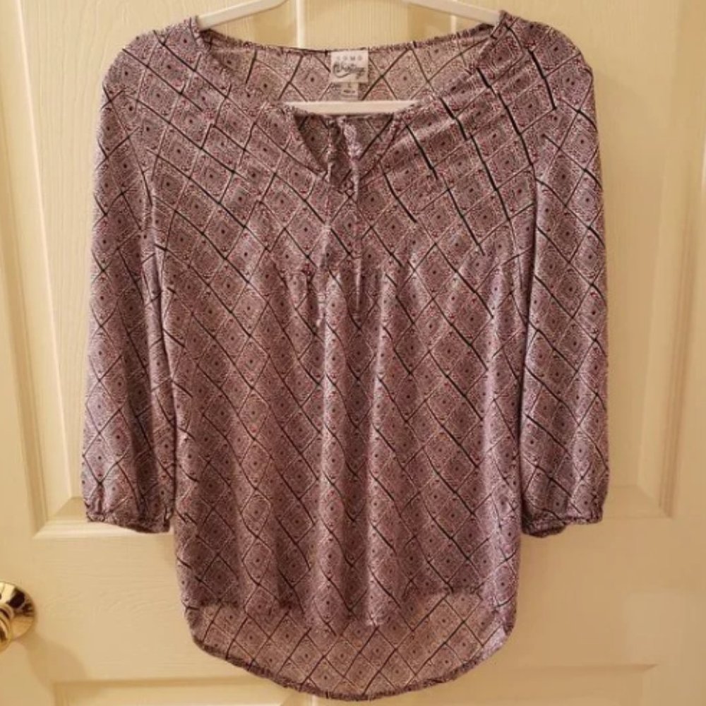 Como Vintage Red, Black, & White Patterned Front Tie Peasant Top (Women's Small)